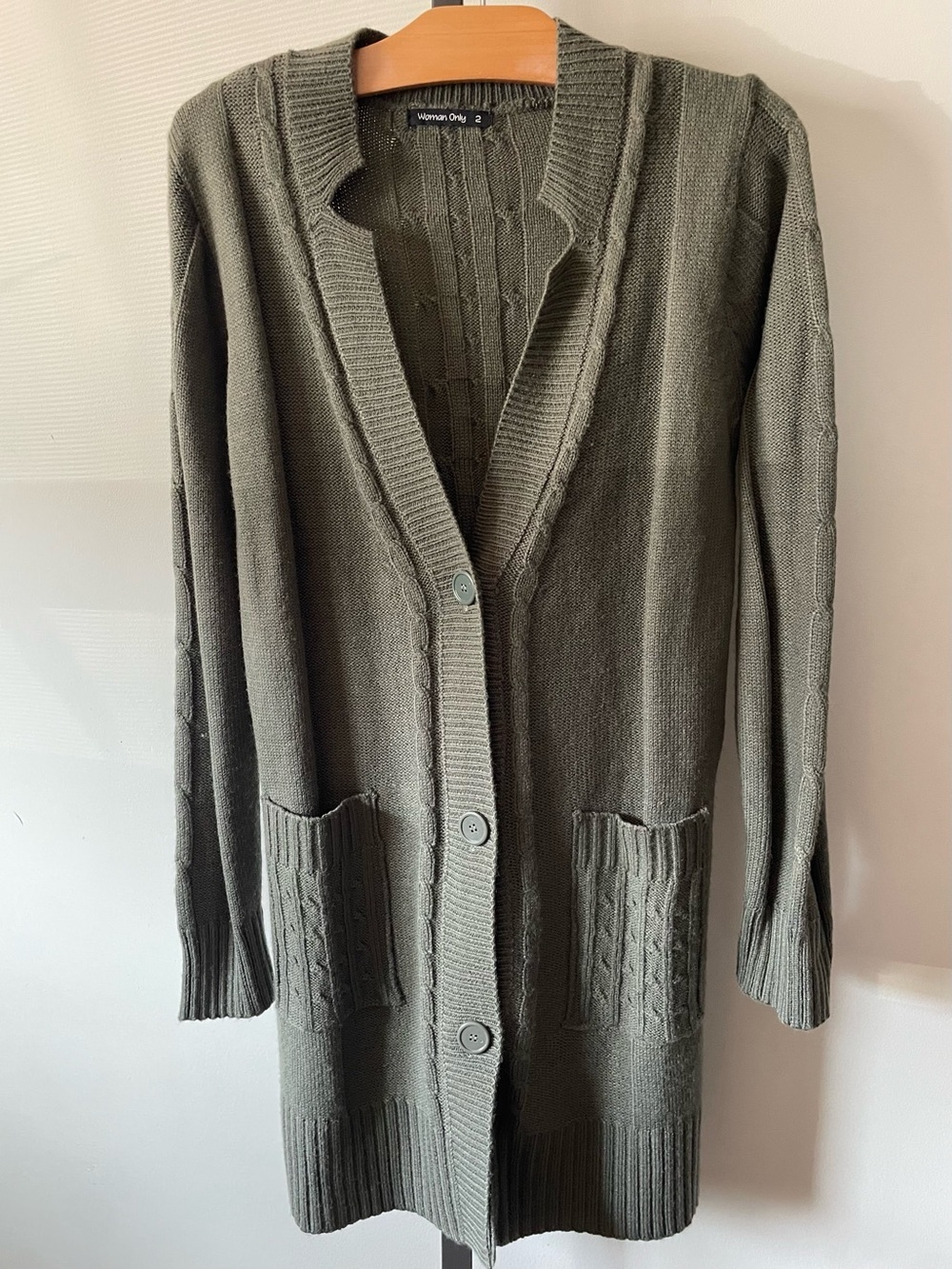 Woman Only Long Duster Cardigan Cable Knit Sweater Olive Green Pockets Size 2